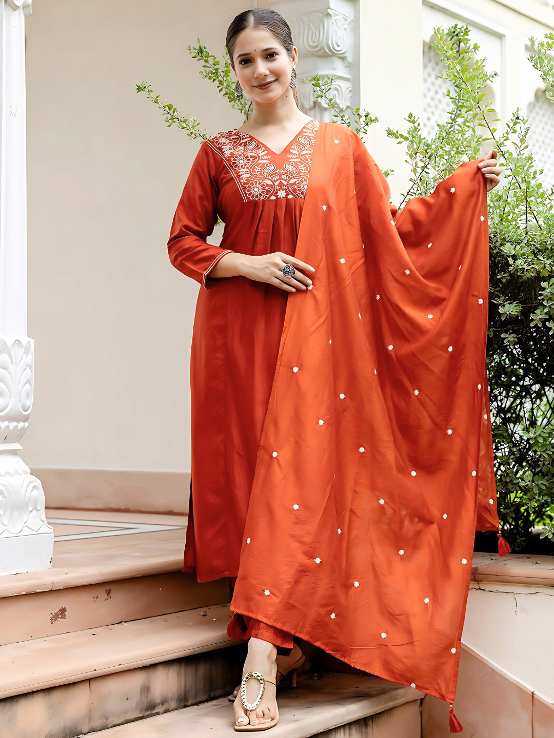 Rust Embroidered Kurti Pant Dupatta Set for Women