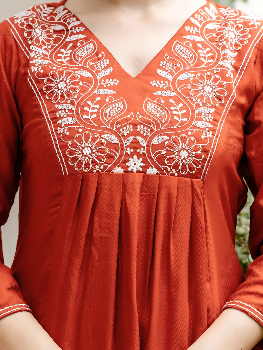 Rust Embroidered Kurti Pant Dupatta Set for Women