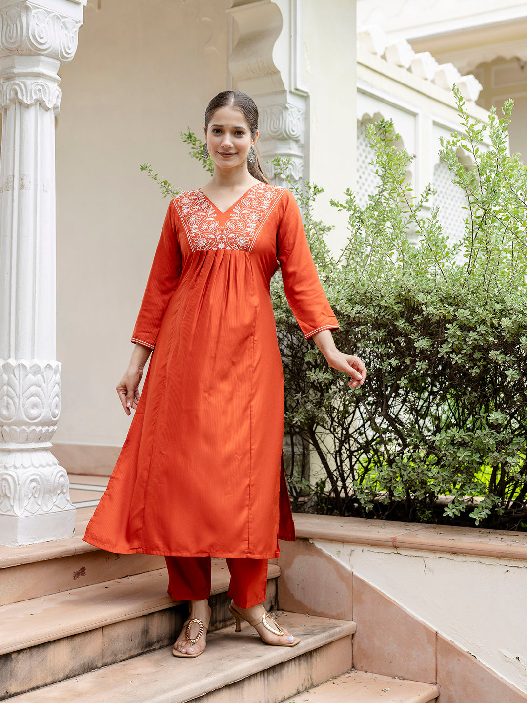 Rust Embroidered Kurti Pant Dupatta Set for Women