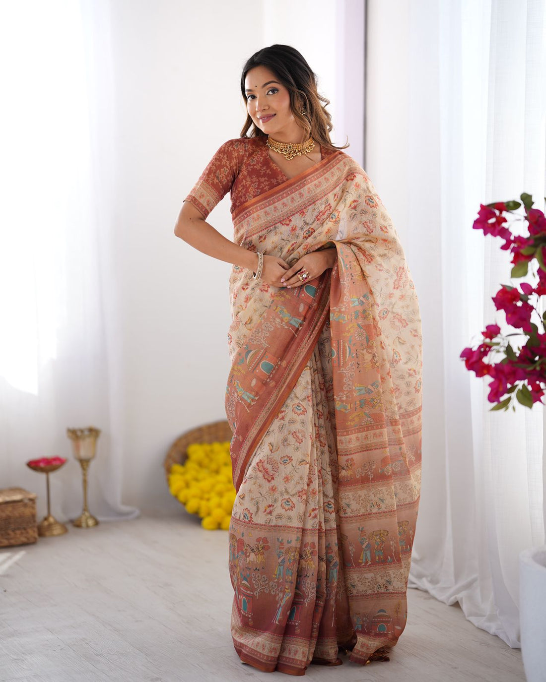 Ivory Rust Handloom Floral Saree with Storytelling Pallu for Women