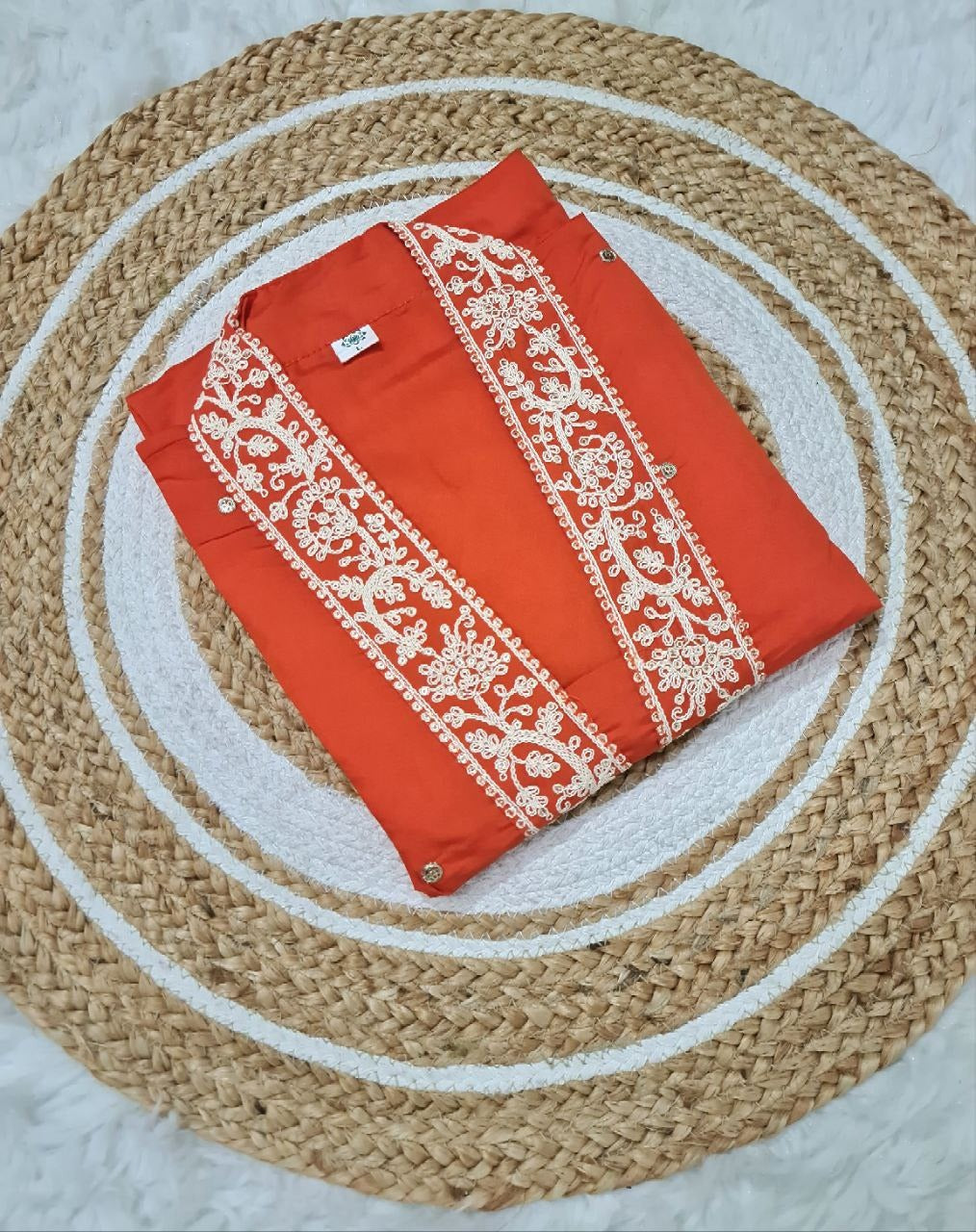 Rust Orange Embroidered Viscose Chanderi Kurta Set for Women