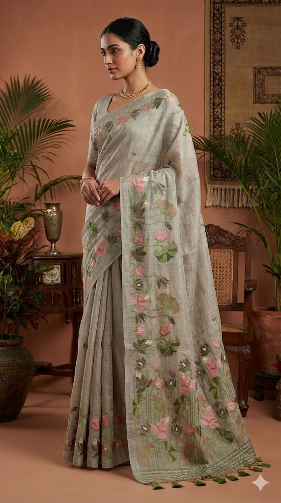 Sage Green Muga Cotton Saree with Lotus Jamdani Pallu for Women