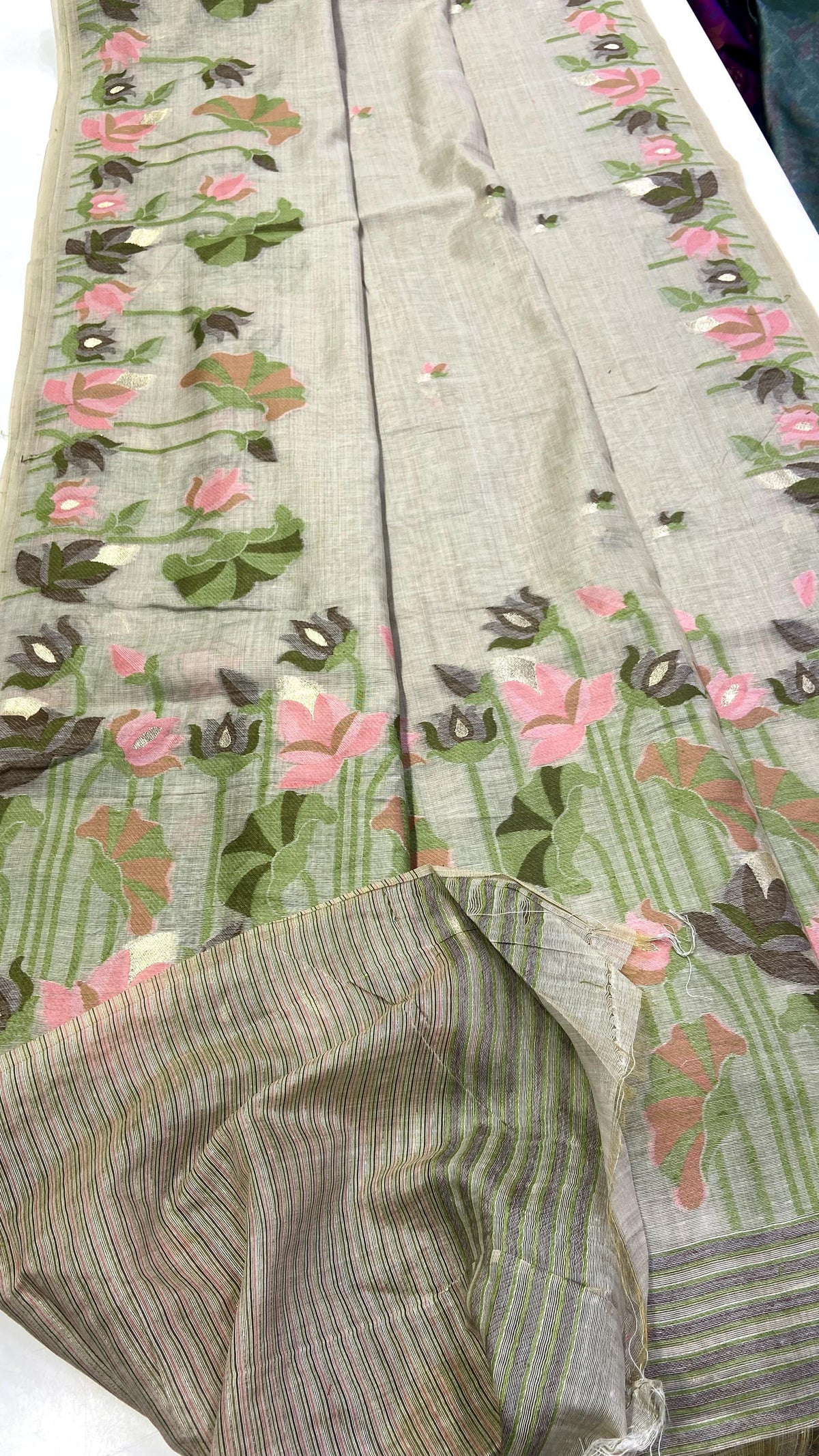 Sage Green Muga Cotton Saree with Lotus Jamdani Pallu for Women