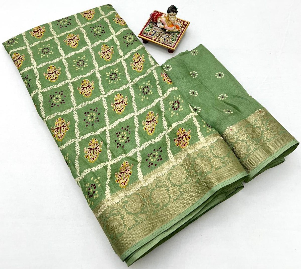 Sage Green Printed Moss Georgette Saree With Zari Border for Women