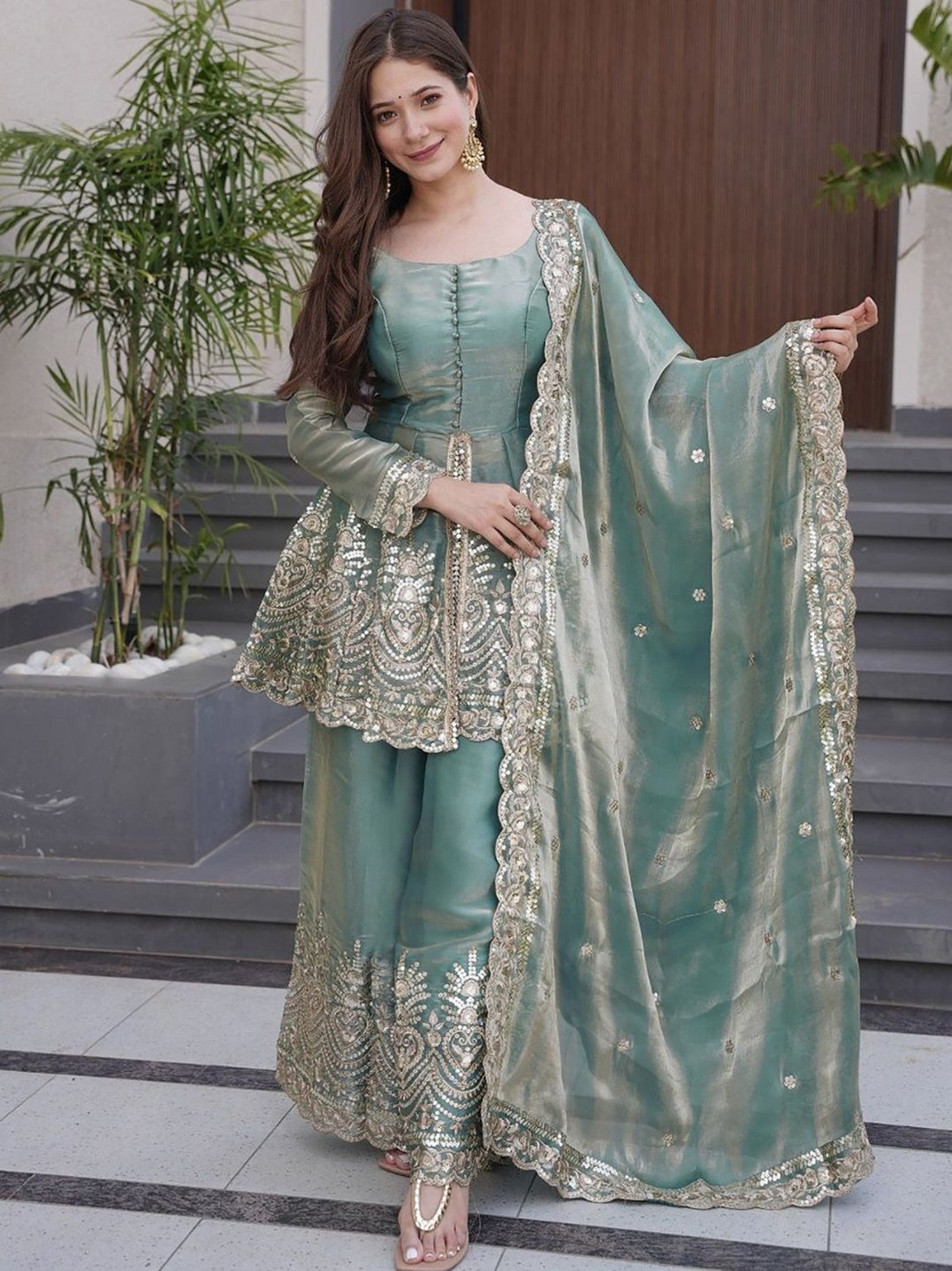 Sea Green Embroidered Silk Kurta Set with Dupatta for Women