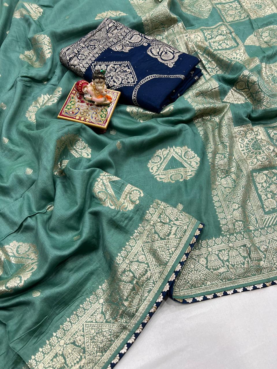 Luxury Sea Green Maslin Silk Saree With Gold Zari for Women
