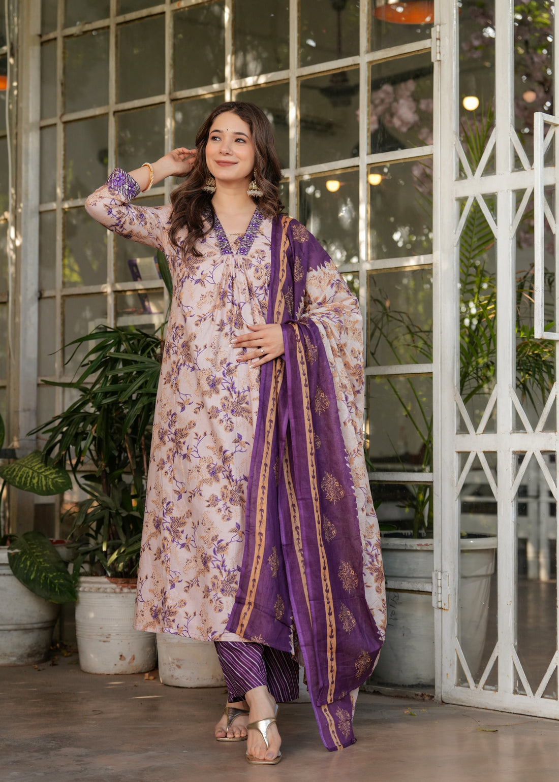 Cream Pure Cotton Printed Suit Set for Women