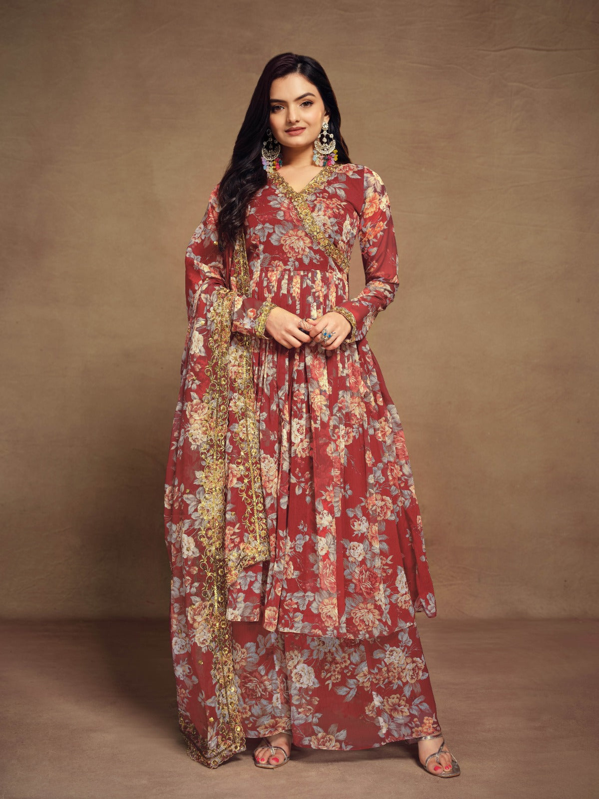 Floral Digital Printed Chiffon Kurti Palazzo Set with zari embroidery