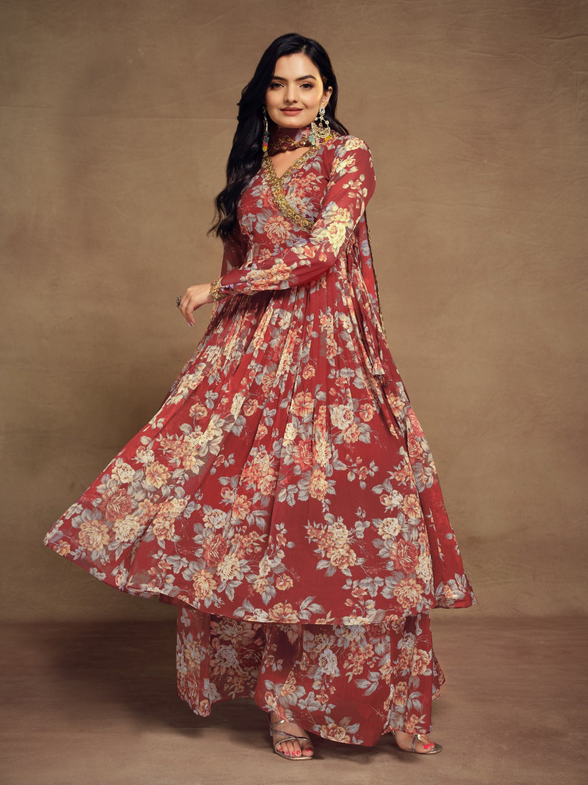 Floral Digital Printed Chiffon Kurti Palazzo Set with zari embroidery