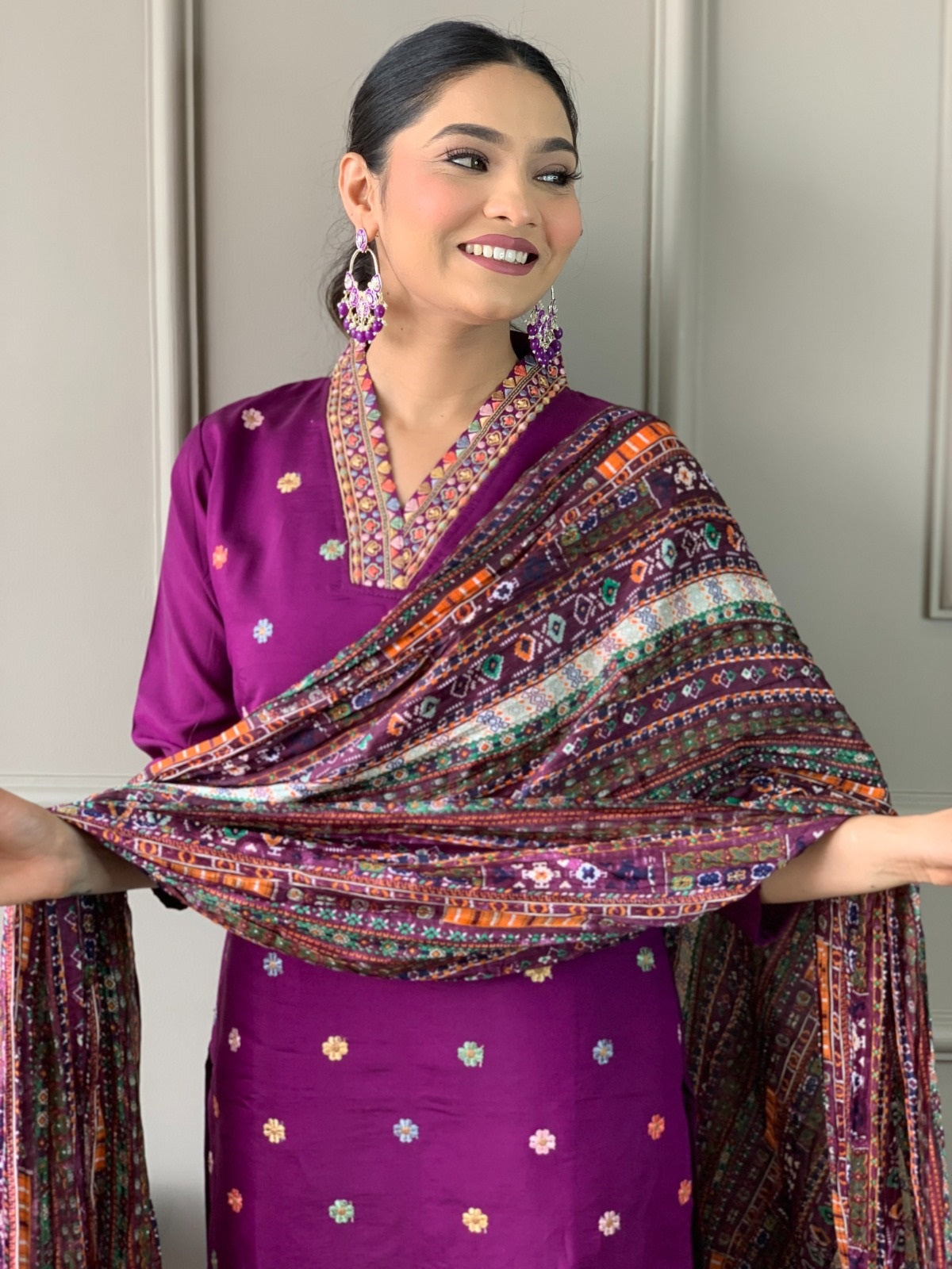Purple Viscose Chanderi Threadwork Suit Set with Chinon Dupatta