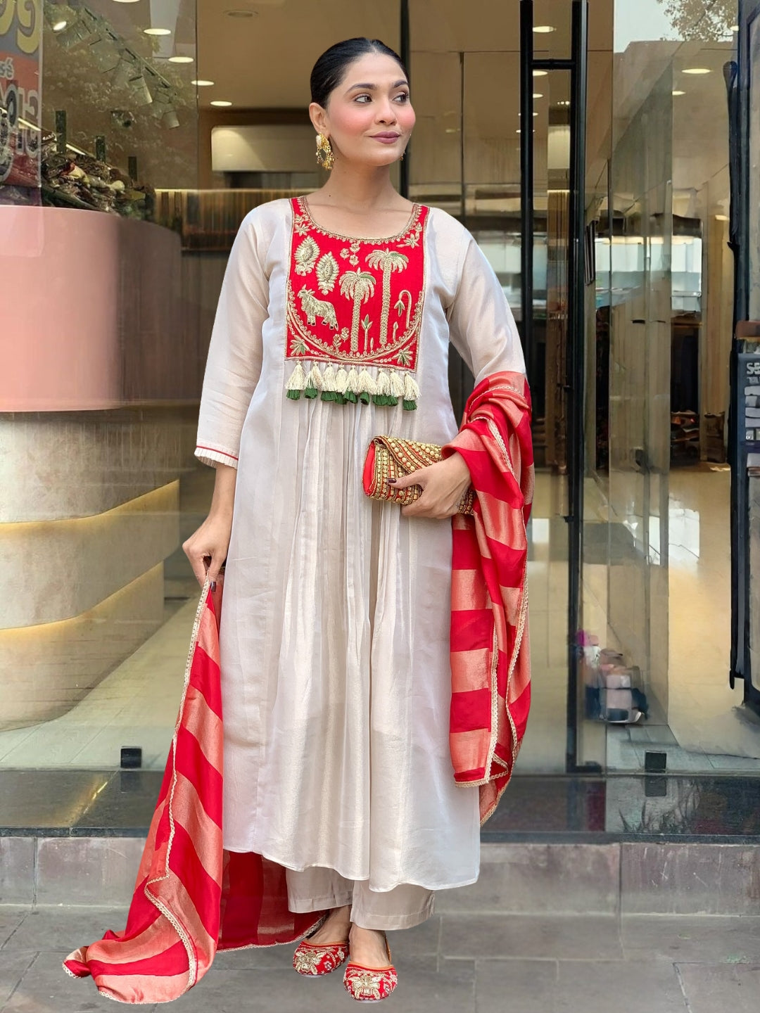 Silk Festive Kurta Pant Set with Zari Jacquard Dupatta for Women