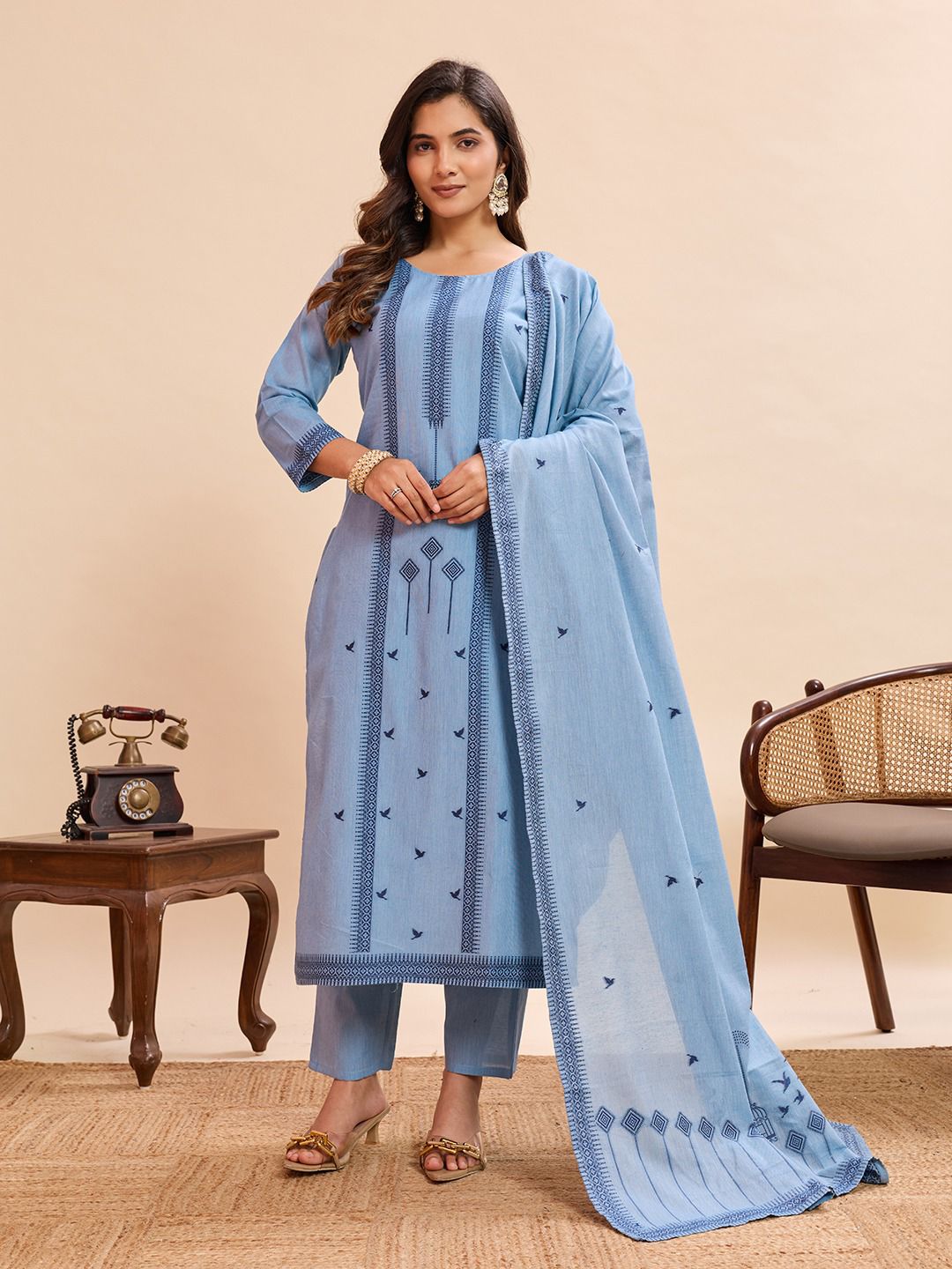 Sky Blue Cotton Straight Kurta Set with Dupatta for Women