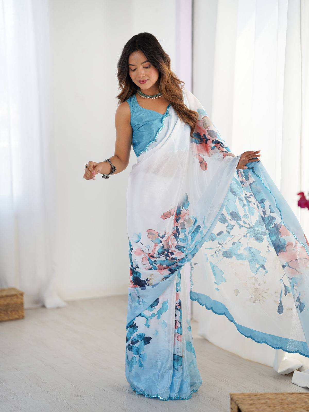 Sky Blue Floral Designer Heavy Chinnon Saree for Women