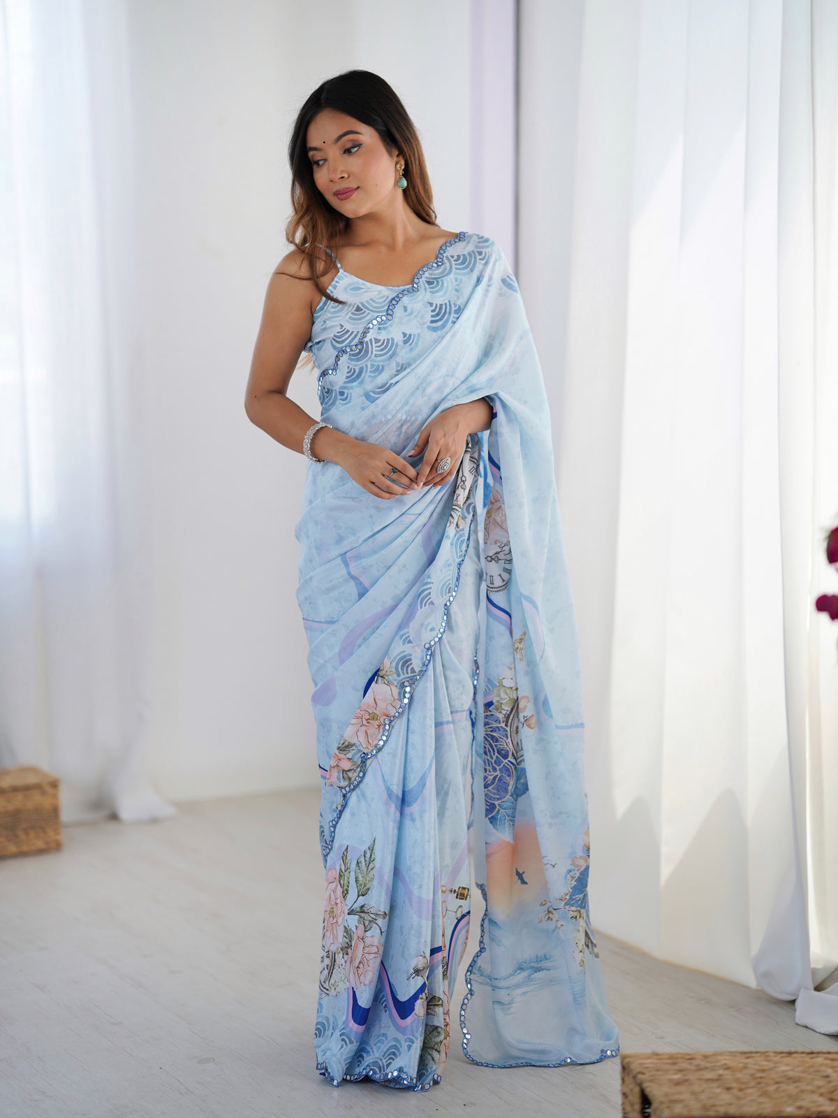 Sky Blue Floral Heavy Chinon Saree with Designer Border for Women