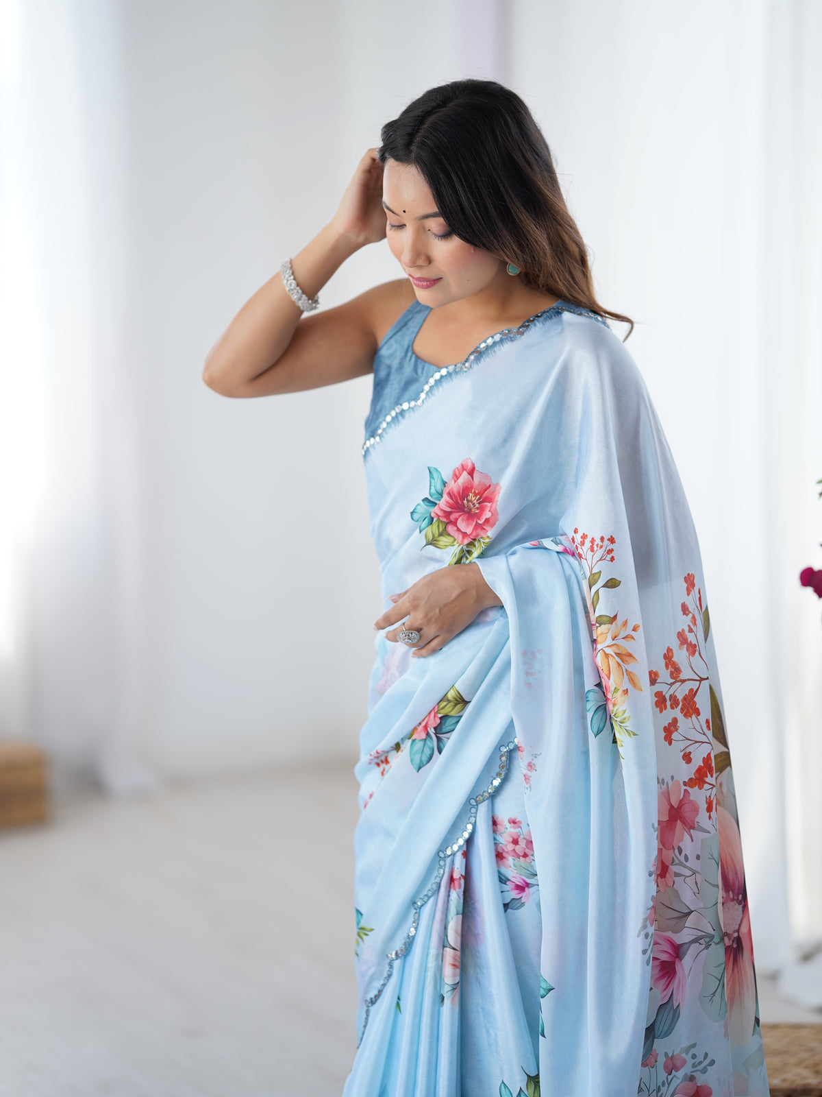 Sky Blue Party Wear Chinnon Saree with Mirror Border for Women