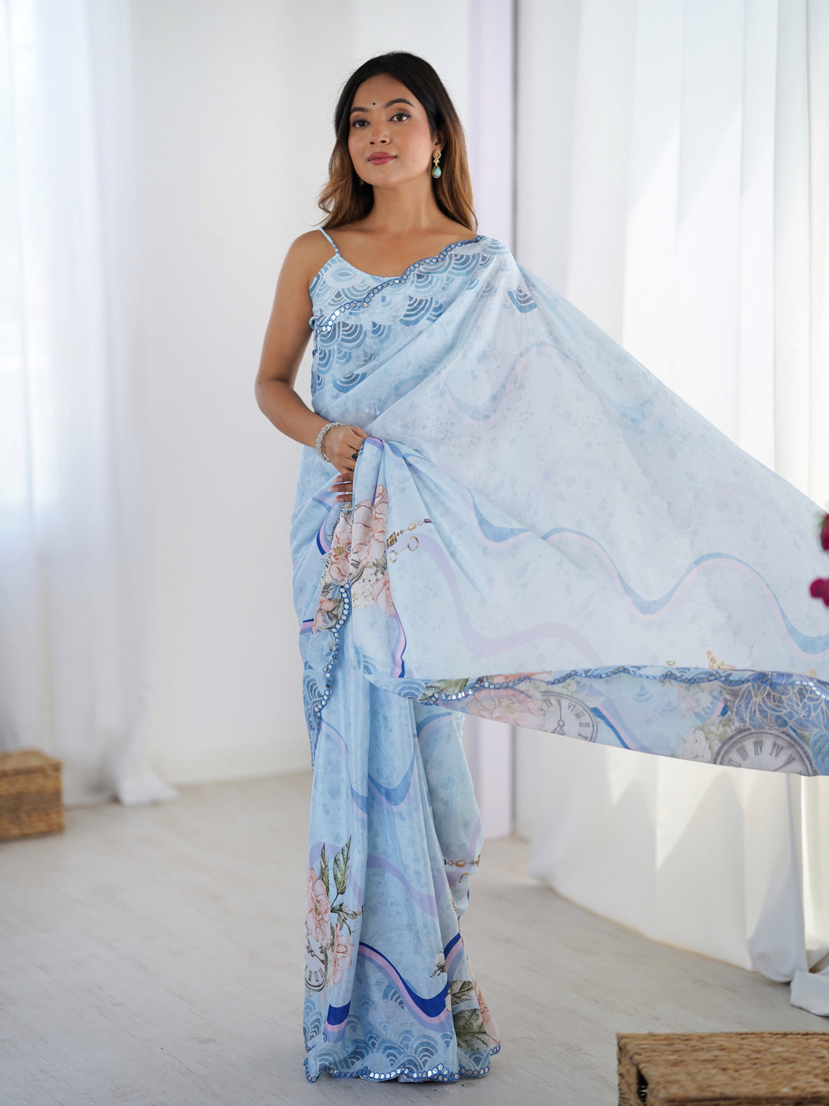 Sky Blue Vintage Print Heavy Chinon Saree with Blouse for Women