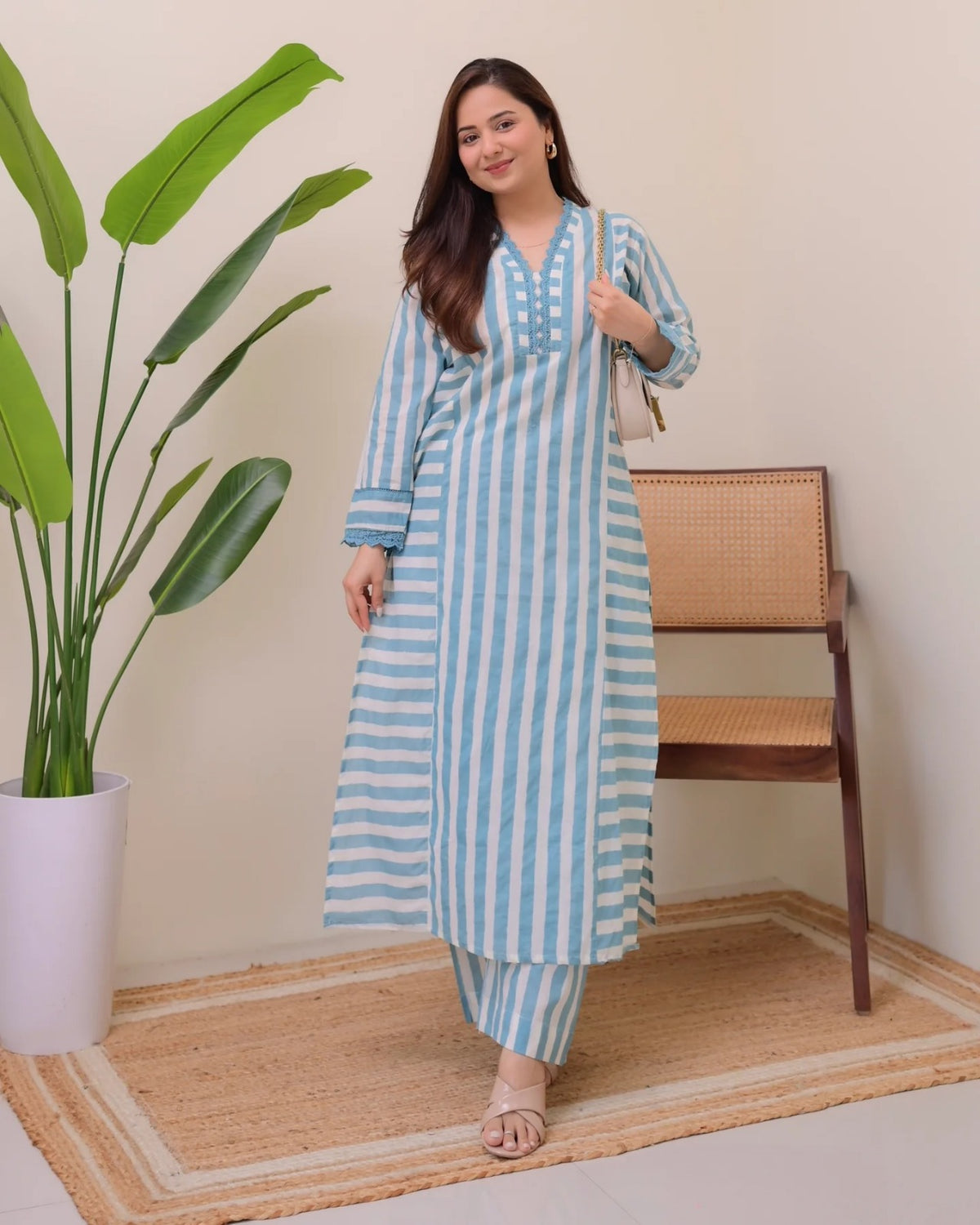 Sky Blue Printed Rayon Kurta Set with Palazzo for Women