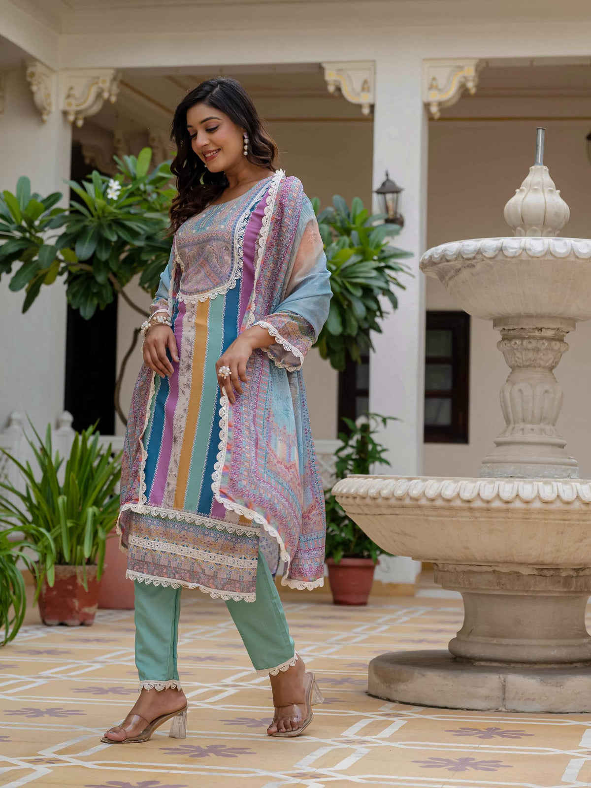 Sky Blue SlubElegance Embroidered Suit Set for Women