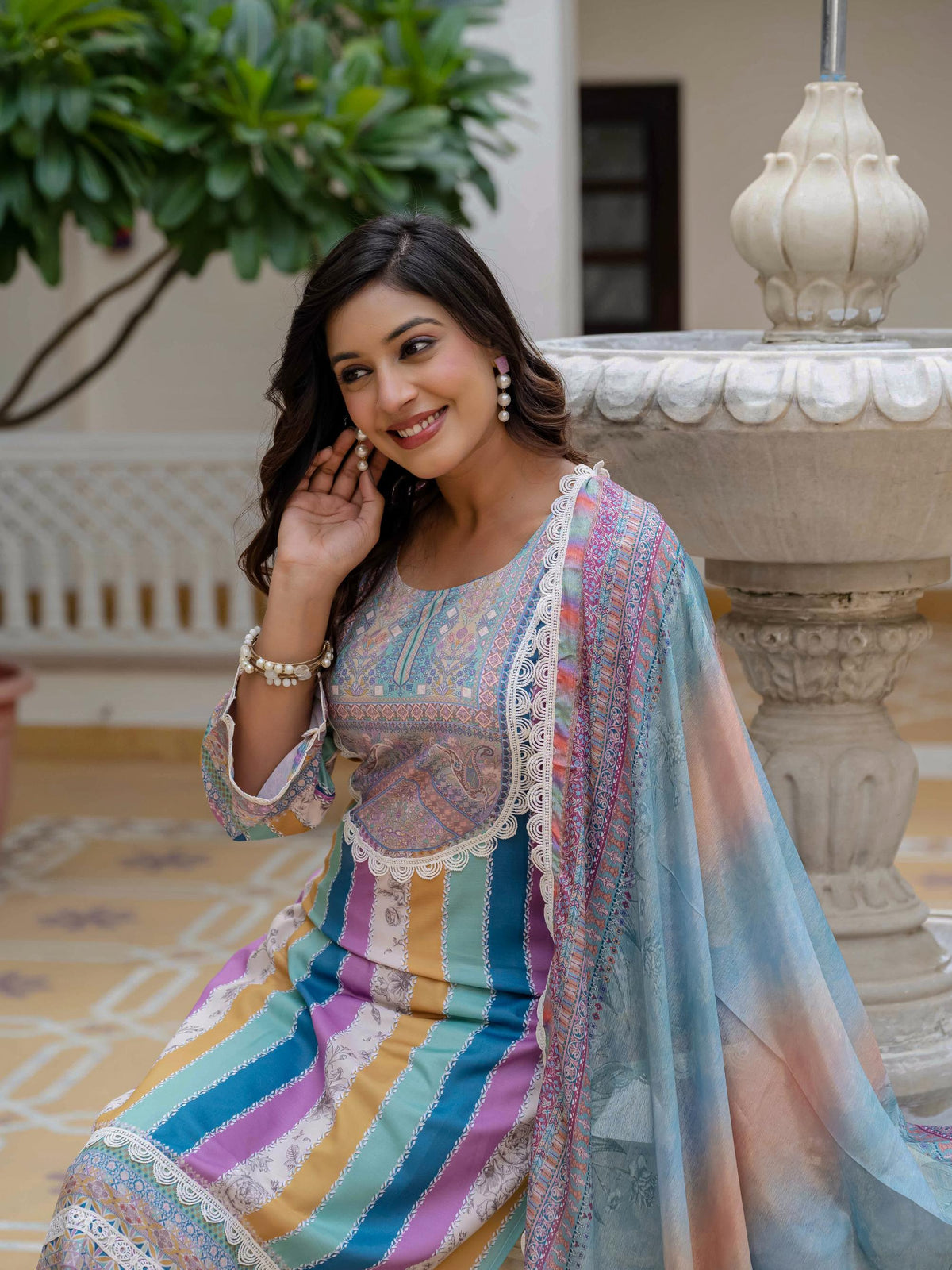 Sky Blue SlubElegance Embroidered Suit Set for Women