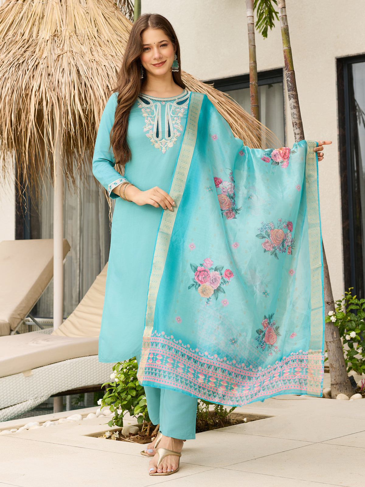 Sky Blue Embroidered Viscose Kurta Set with Organza Dupatta for Women