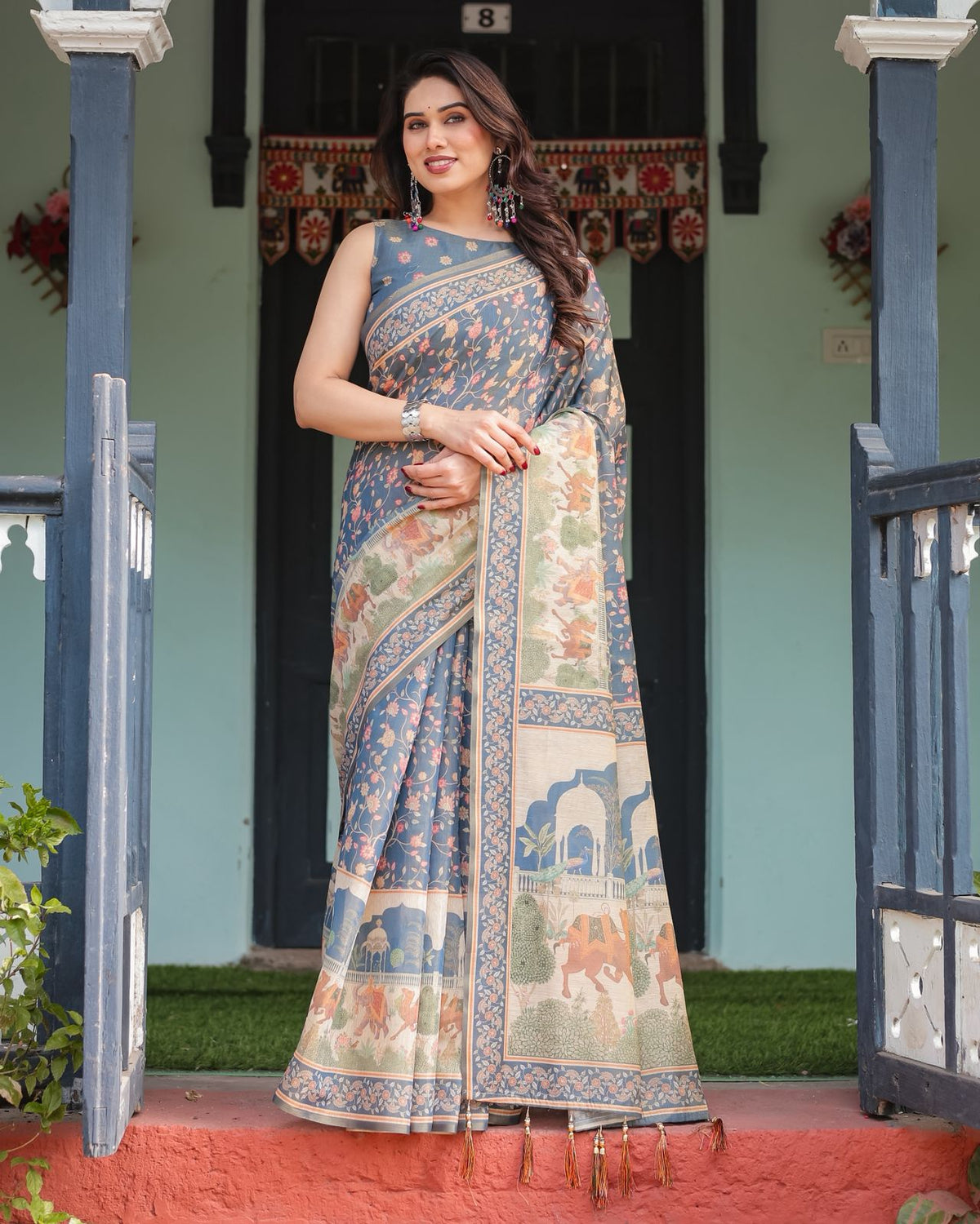 Slate Blue Floral Handloom Saree with Blouse for Women