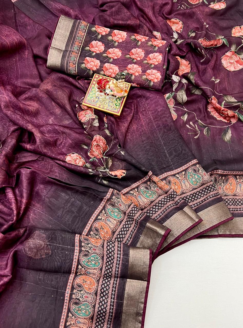 Soft Cotton Wine Digital Print Saree With Work for Women