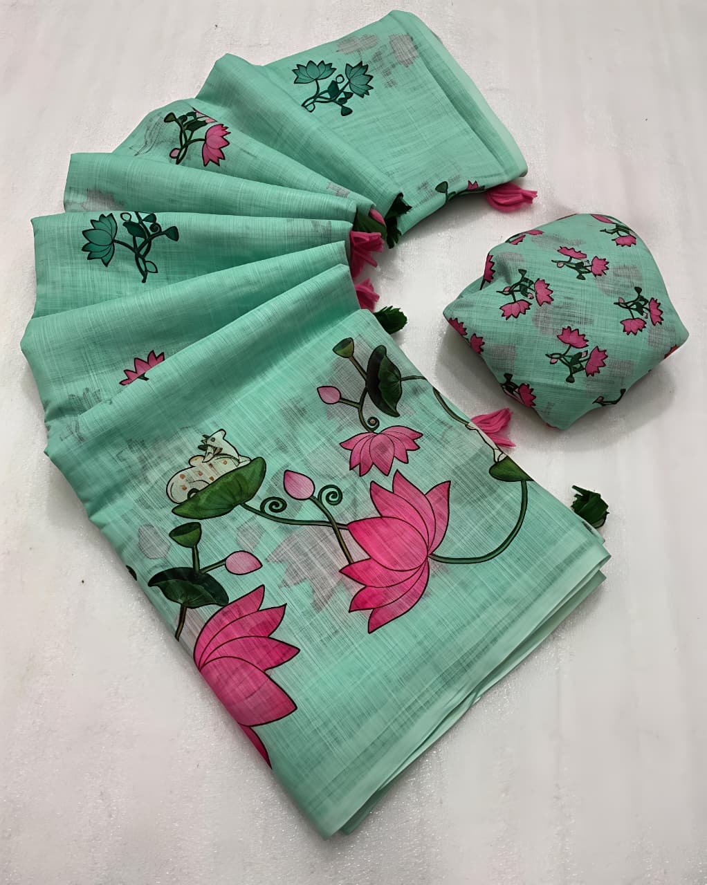 Soft Green Pichwai Lotus Printed Linen Saree for Women