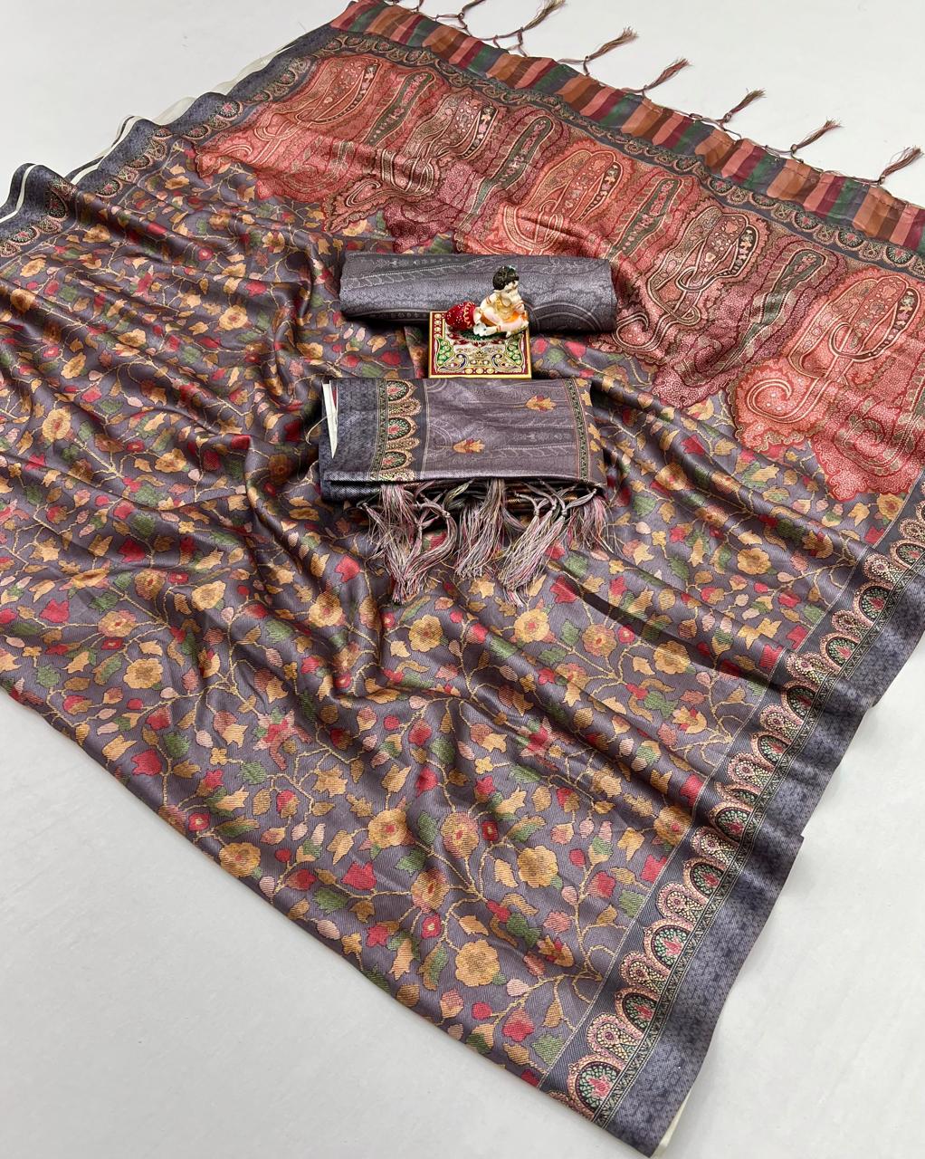 Soft Grey Floral Pashmina Saree With Shawl & Blouse for Women