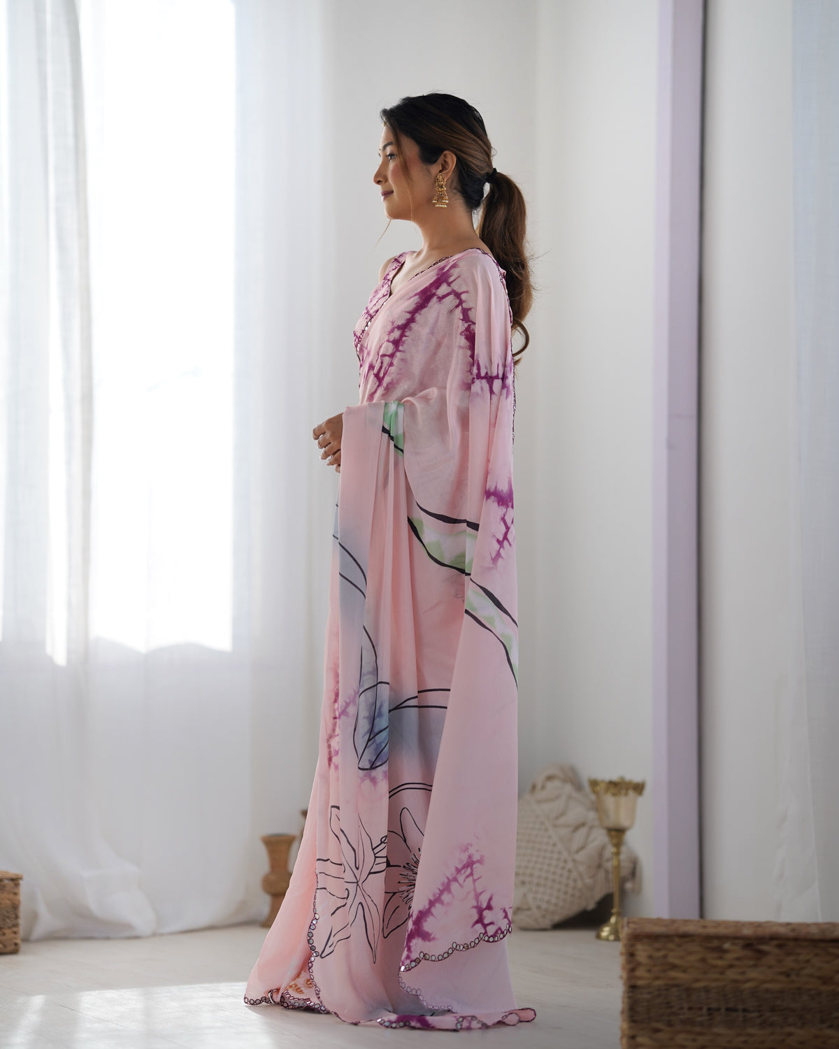 Soft Pink Abstract Print Chinon Saree for Women
