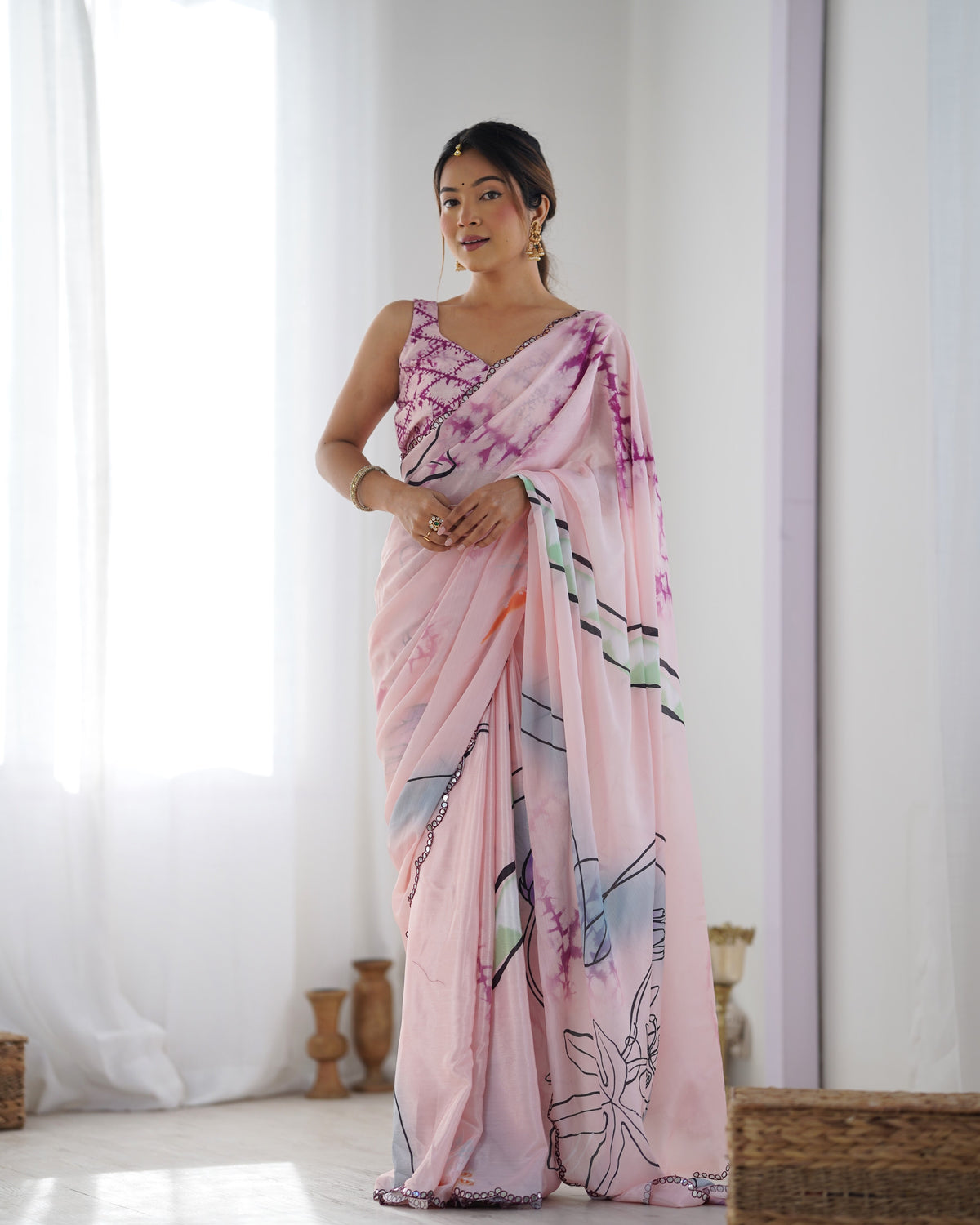 Soft Pink Abstract Print Chinon Saree for Women