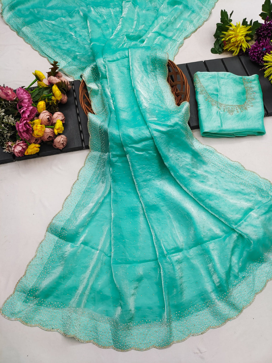 Stylish Sea Green Party Wear Silk Saree with Border for Women