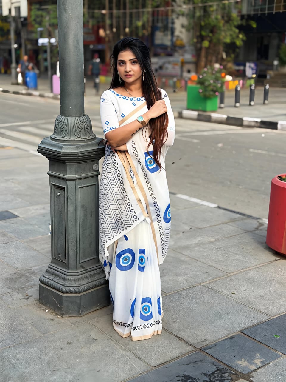 Stylish Linen Saree With Evil Eye Print & Tassels for Women
