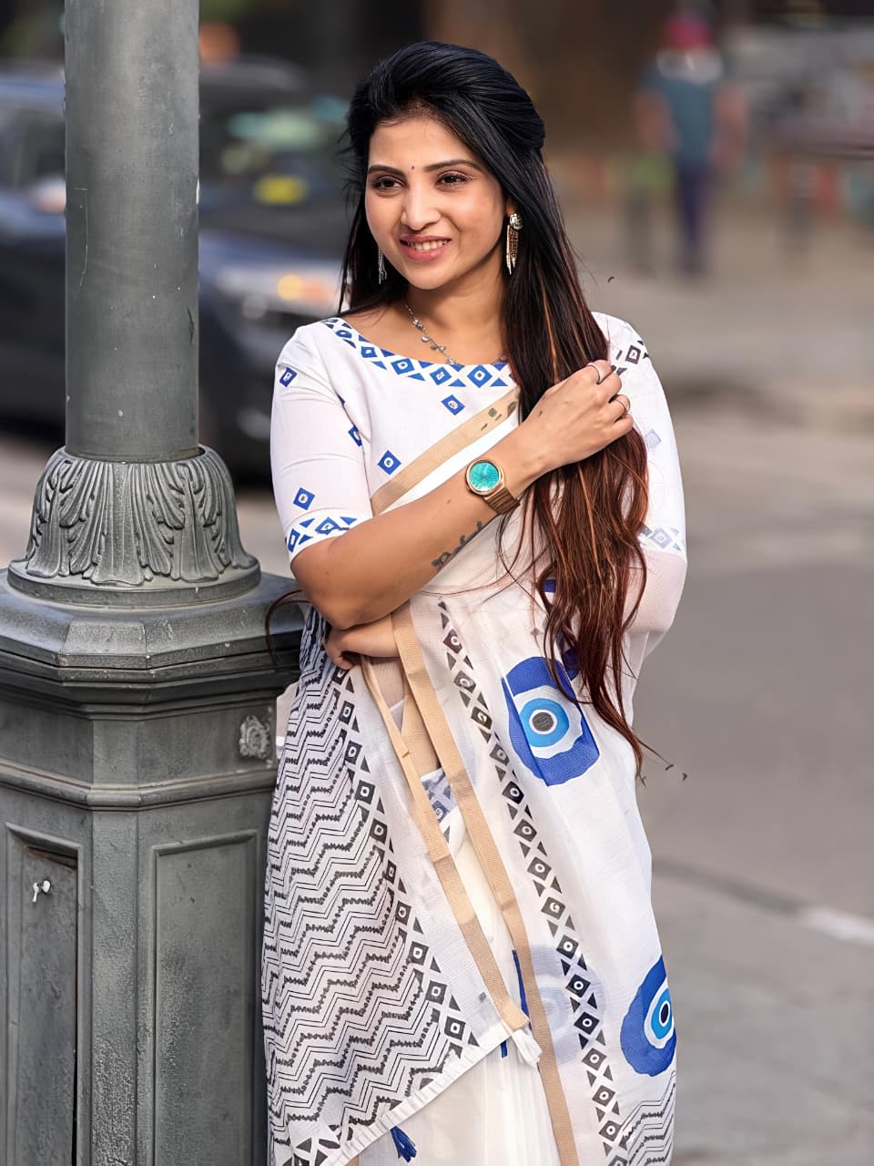 Stylish Linen Saree With Evil Eye Print & Tassels for Women