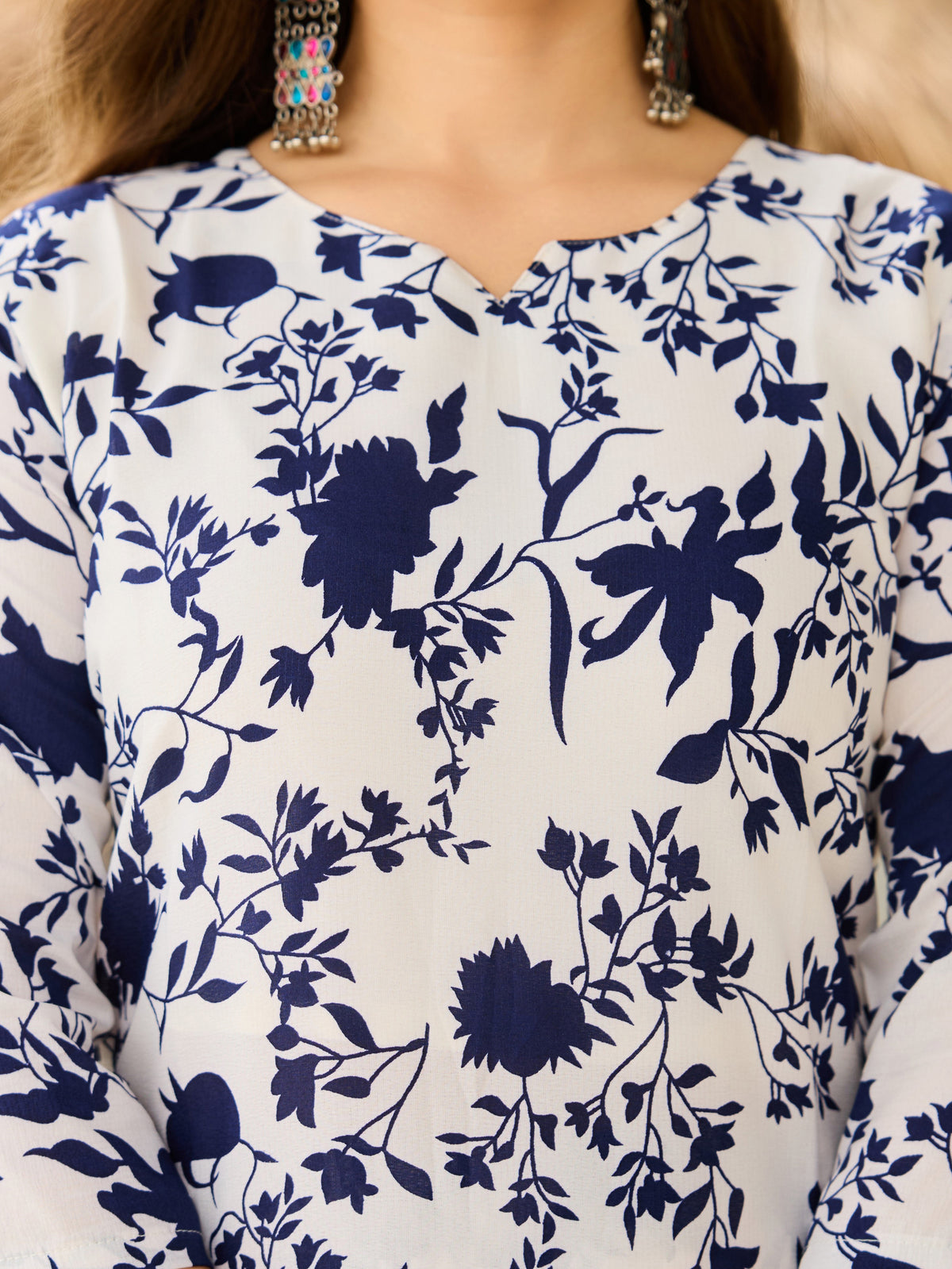Stylish Navy Floral Silk Kurta Pant Dupatta Set for Women
