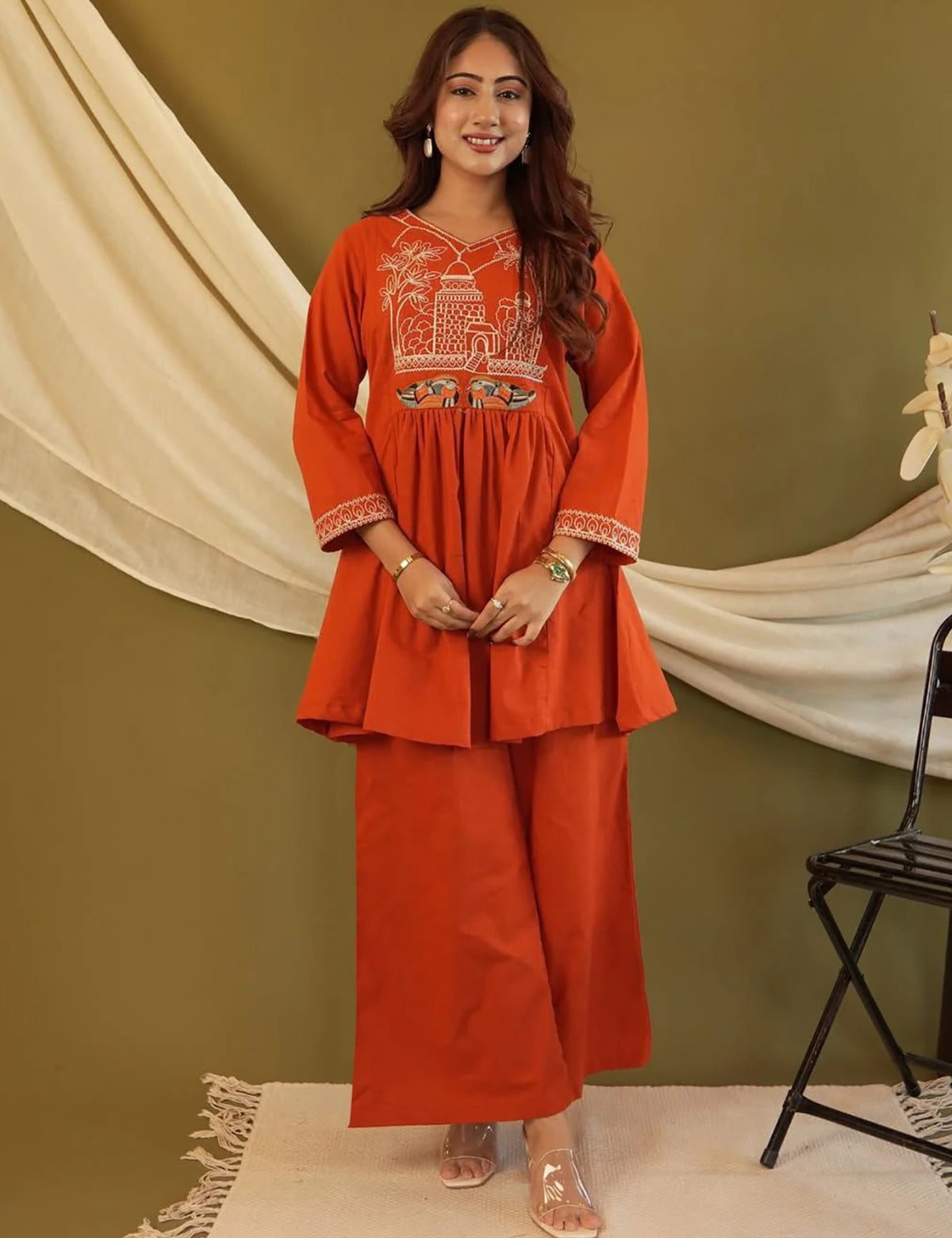Stylish Rust Orange Ethnic Co-Ord Set for Women