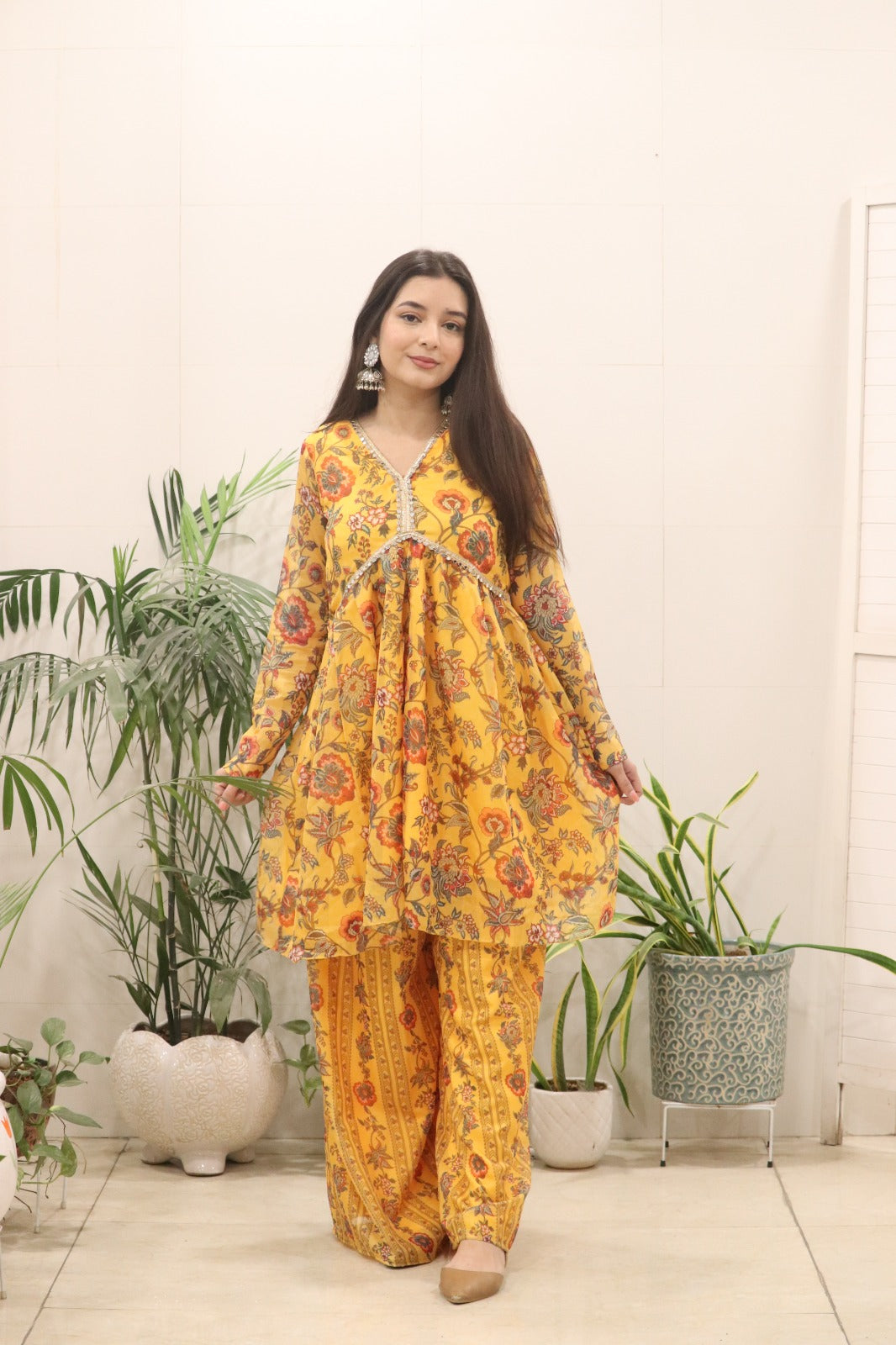 Sunshine Mustard Floral Organza Kurti Palazzo Set for Women