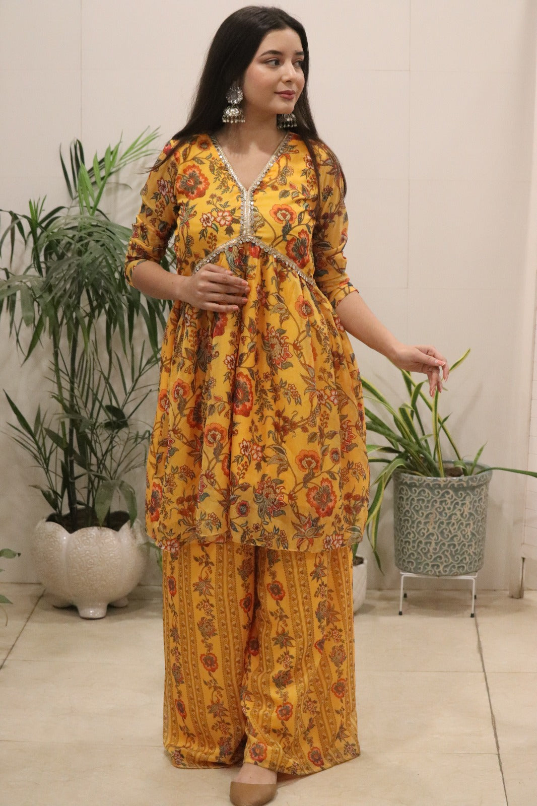 Sunshine Mustard Floral Organza Kurti Palazzo Set for Women