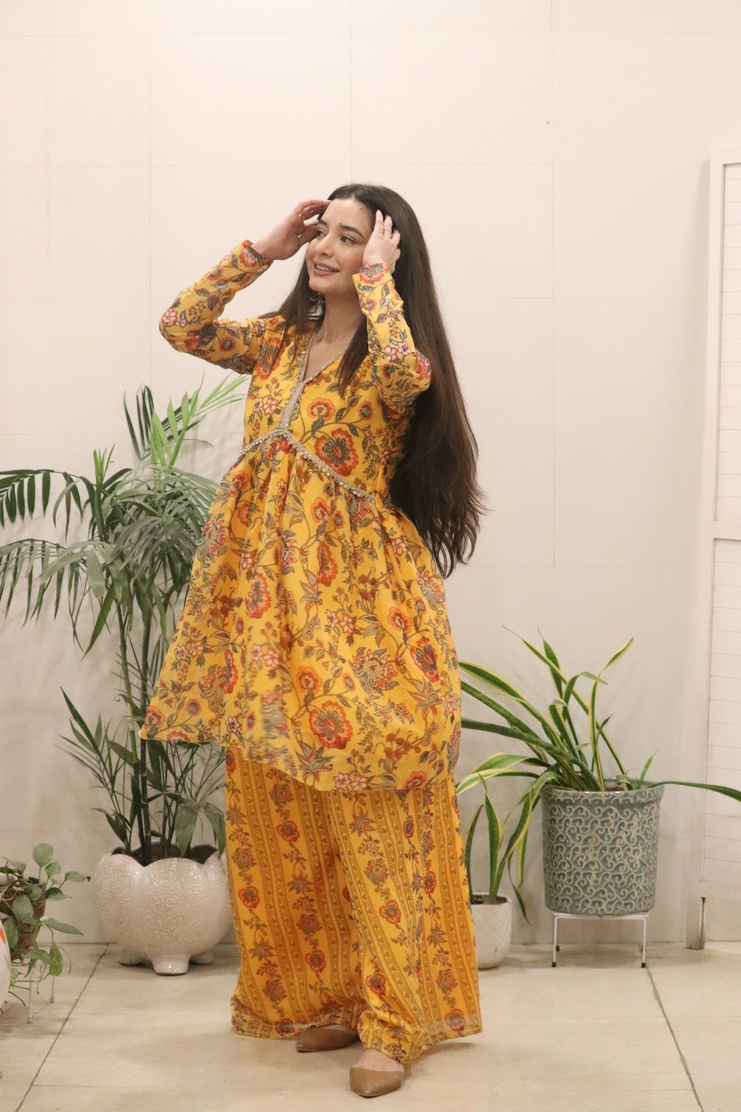 Sunshine Mustard Floral Organza Kurti Palazzo Set for Women