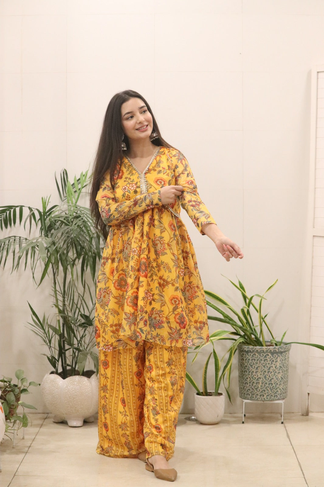 Sunshine Mustard Floral Organza Kurti Palazzo Set for Women