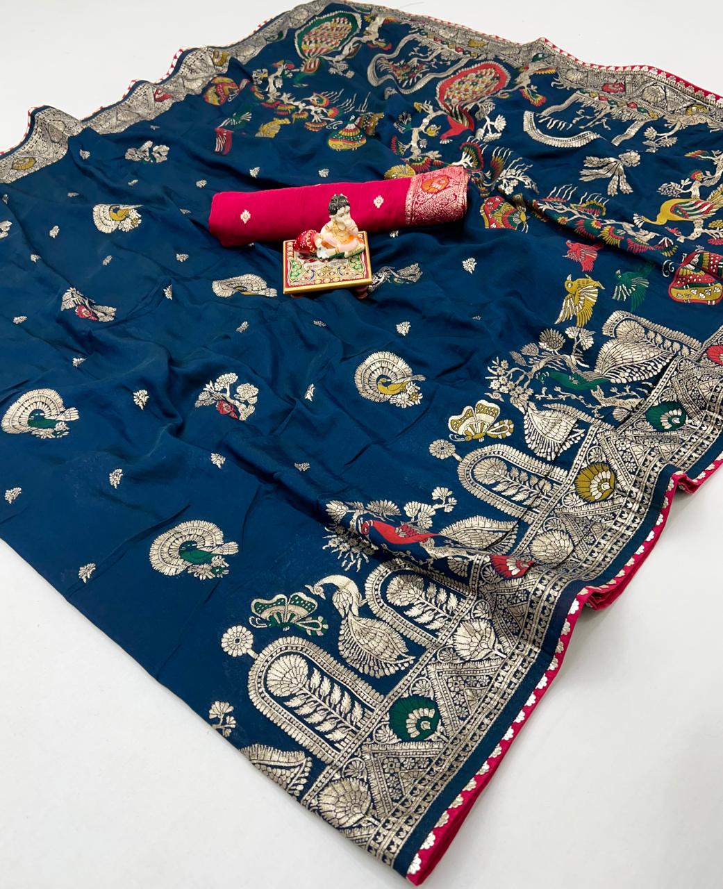 Designer Teal Blue Maslin Silk Saree With Woven Blouse for Women
