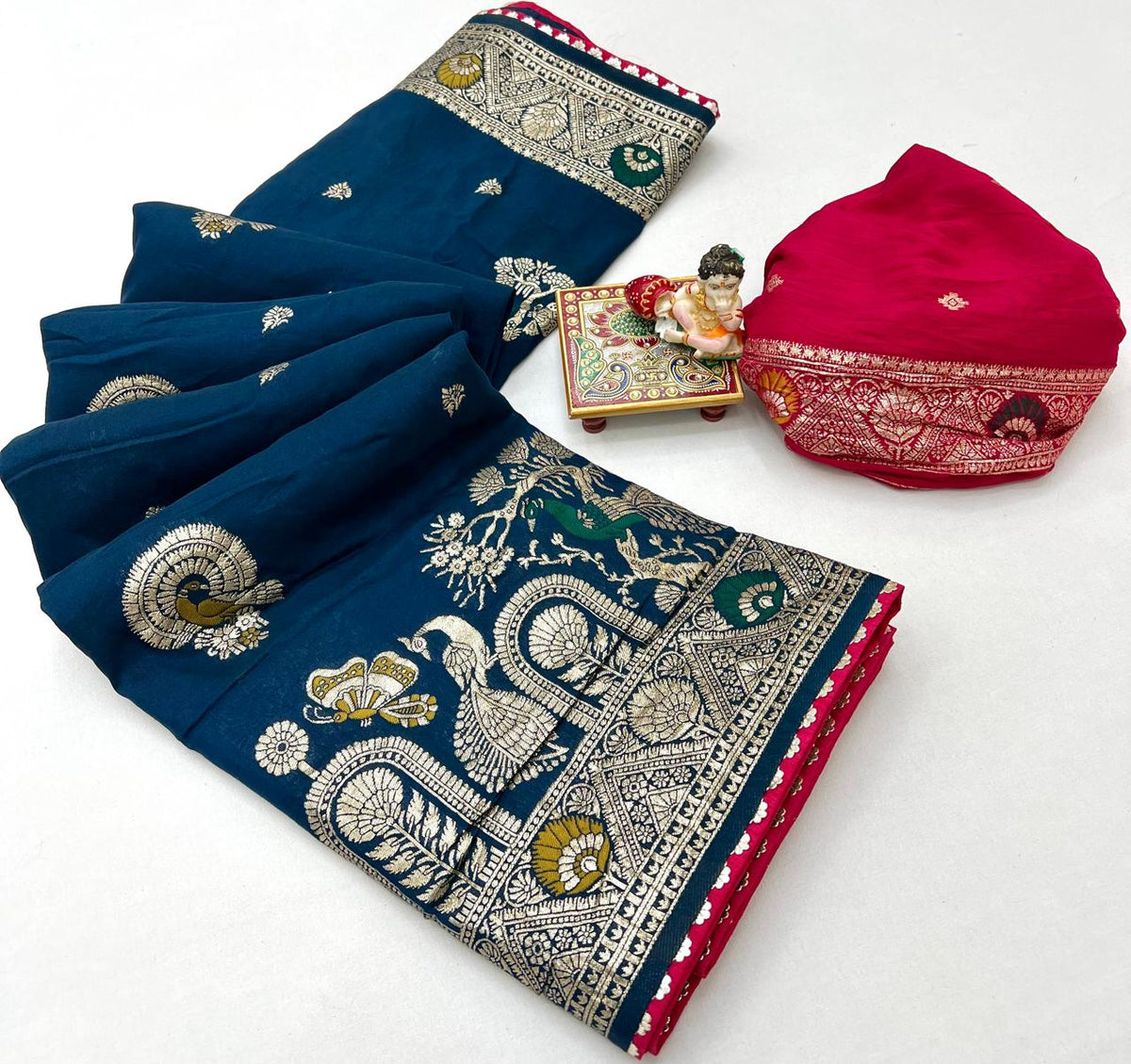 Designer Teal Blue Maslin Silk Saree With Woven Blouse for Women