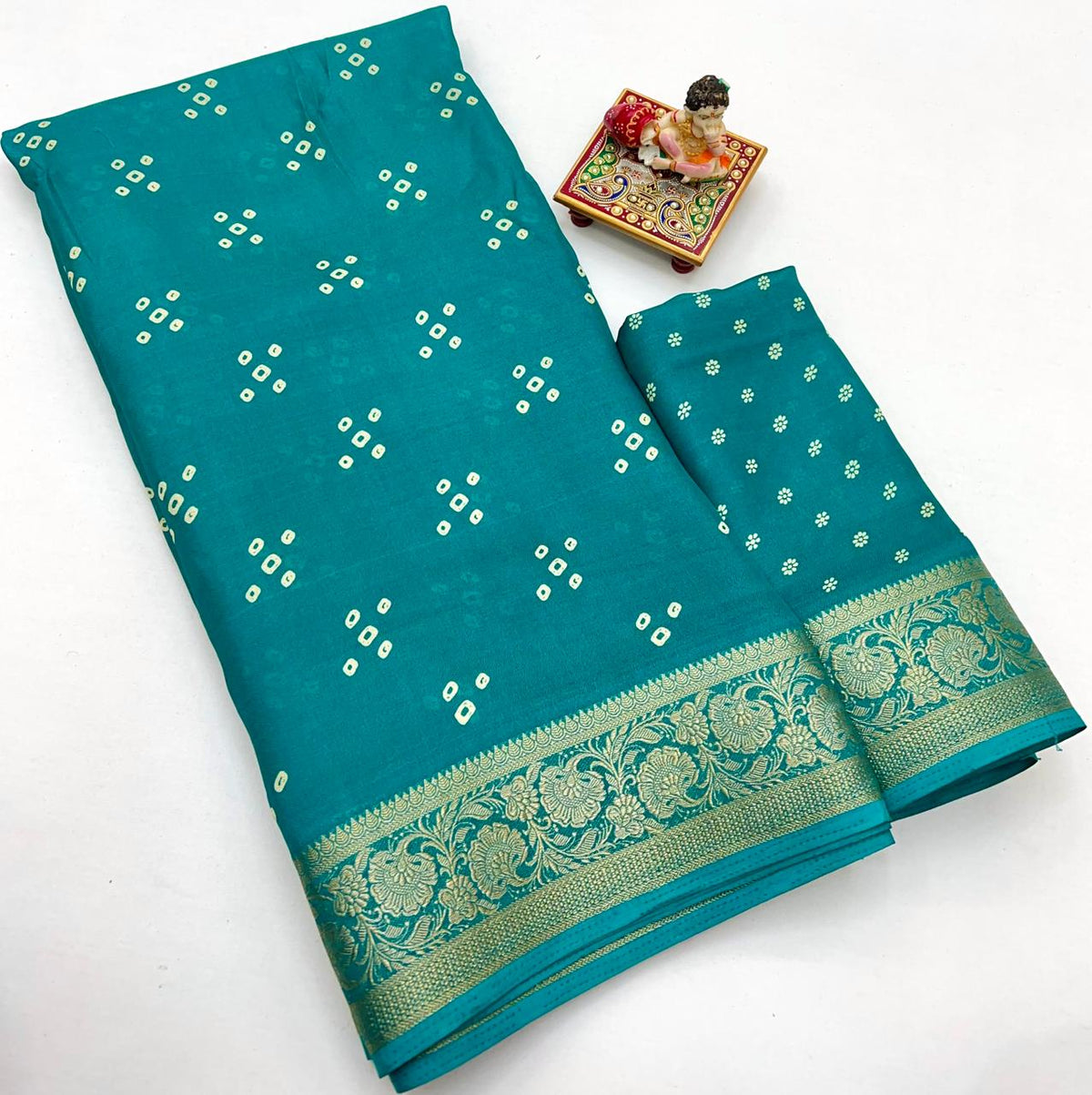 Teal Calcutta Moss Georgette Printed Saree With Zari for Women