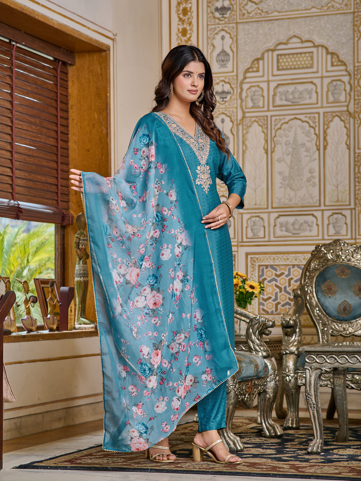 Teal Embroidered Rayon Kurti Set for Women