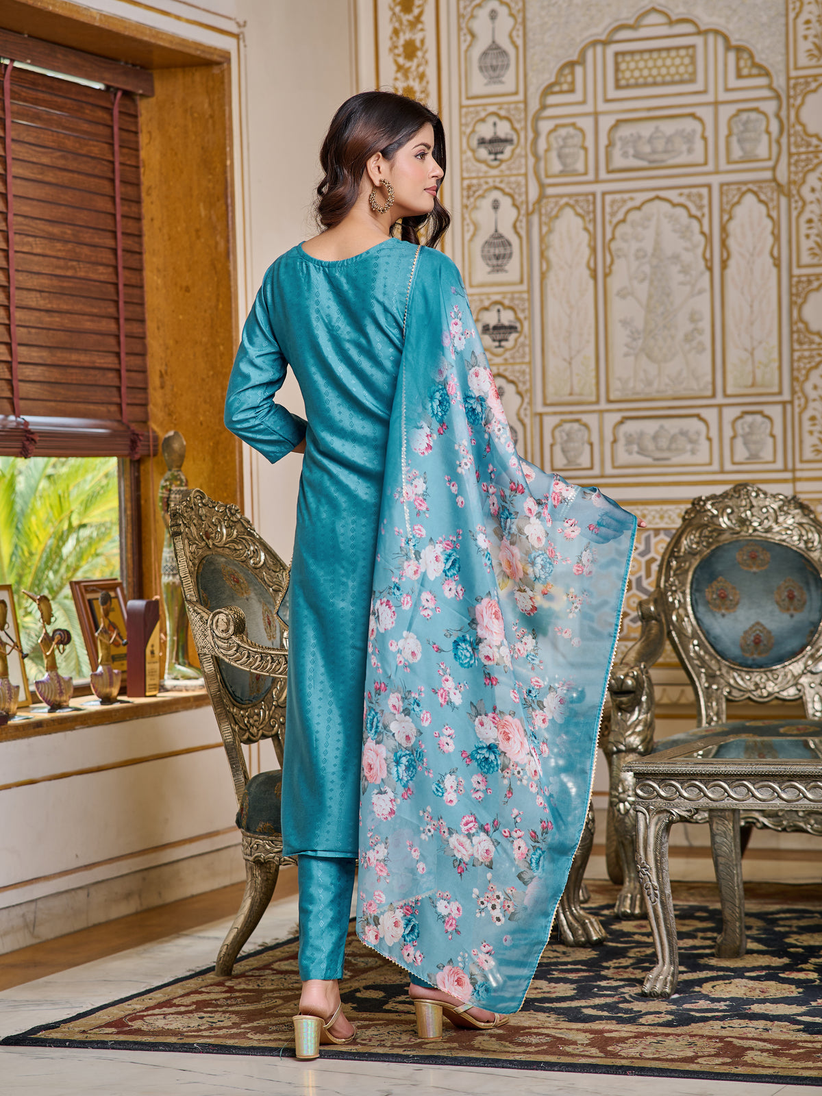 Teal Embroidered Rayon Kurti Set for Women