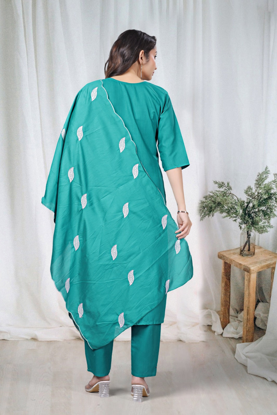 Teal Embroidered Cotton Kurta Pant Set for Women