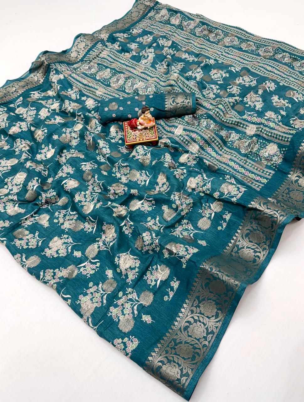 Teal Ethnic Dola Silk Saree With Elegant Jacquard Border for Women