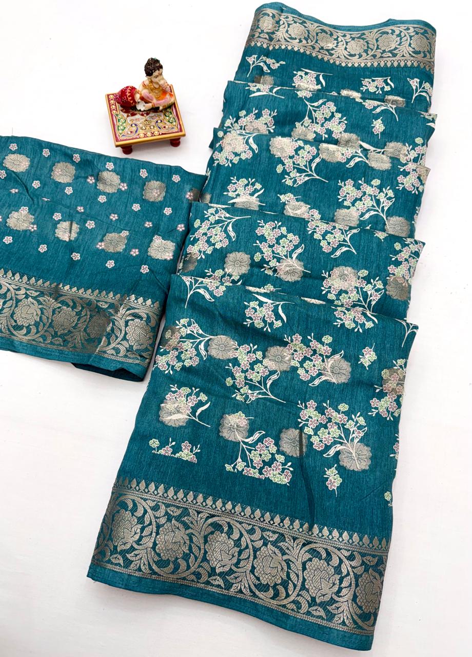 Teal Ethnic Dola Silk Saree With Elegant Jacquard Border for Women