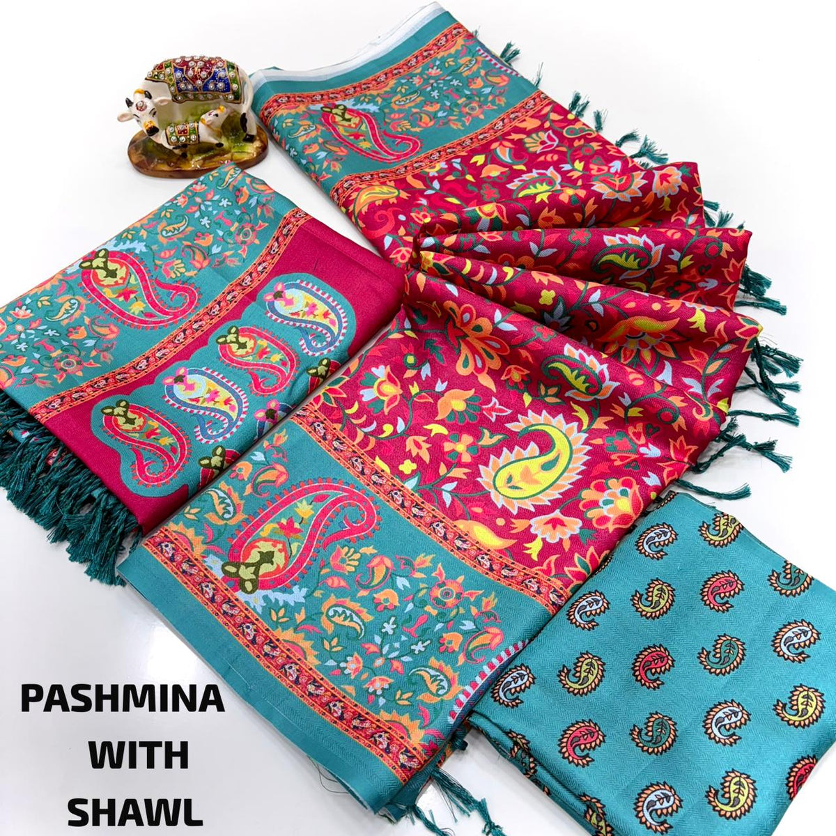 Teal Pink Digital Pashmina Saree With Shawl & Blouse for Women