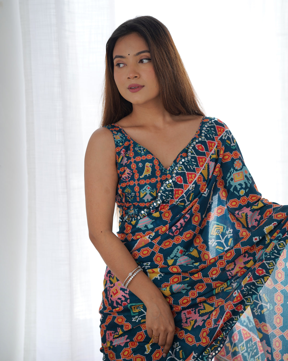 Teal Ethnic Print Chinon Saree with Mirror Border for Women