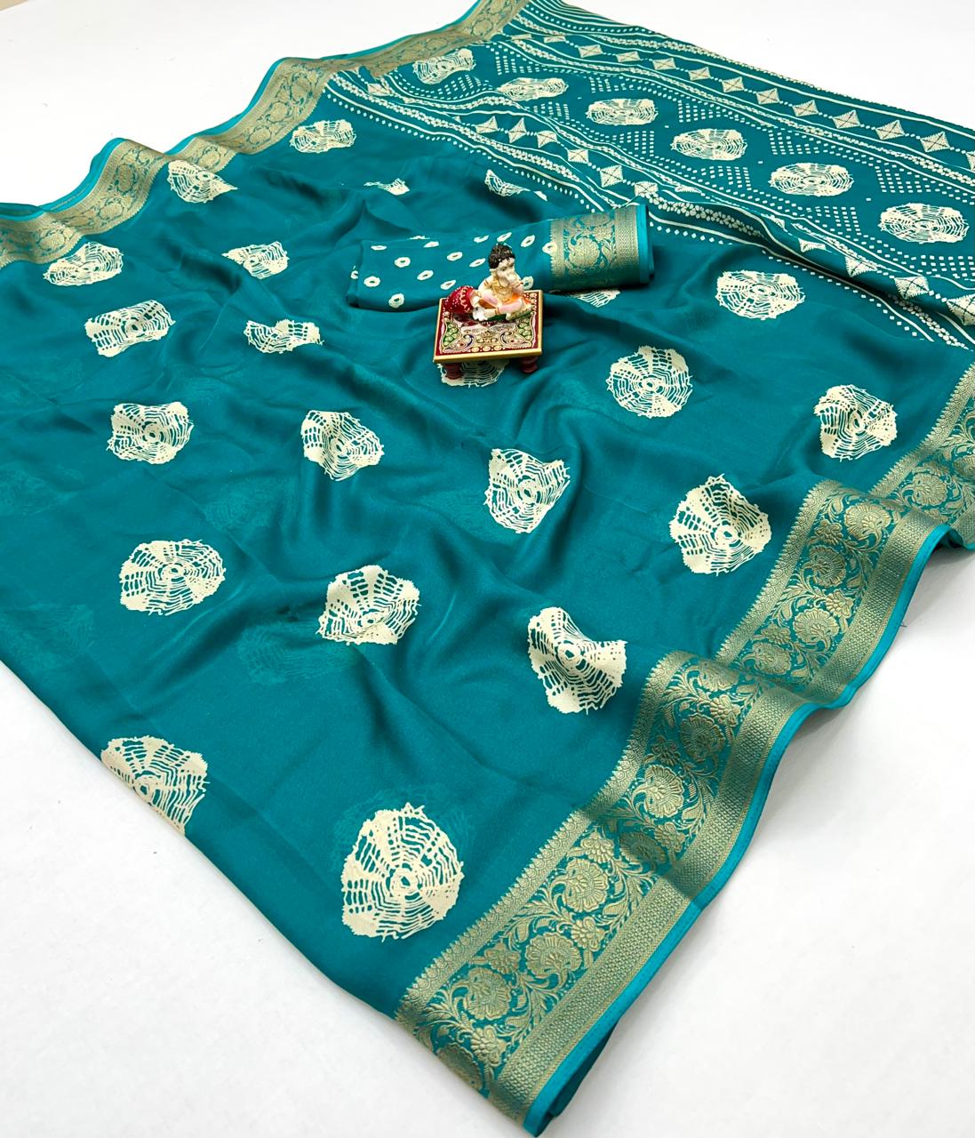 Stylish Teal Printed Moss Georgette Saree With Blouse for Women